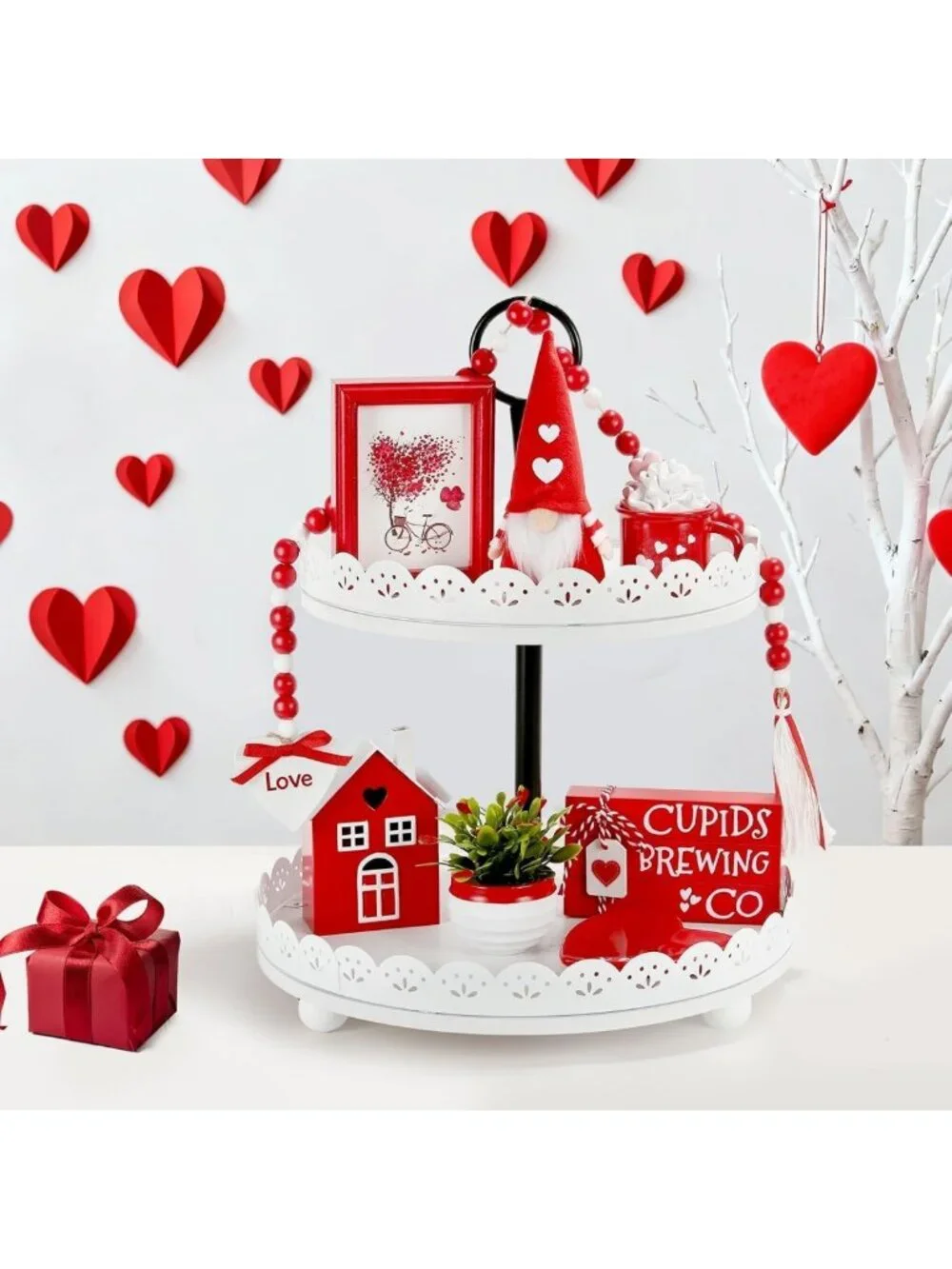 Charming Valentine's Day Home Office Decor Set - 8 PCS Tiered Tray Decorations